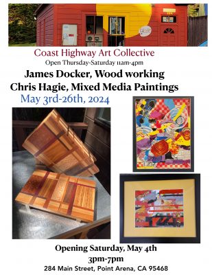 Abstract paintings and intricate inlayed woodworking at CHAC by Chris Hagie & James Docker May 4-26, 2024